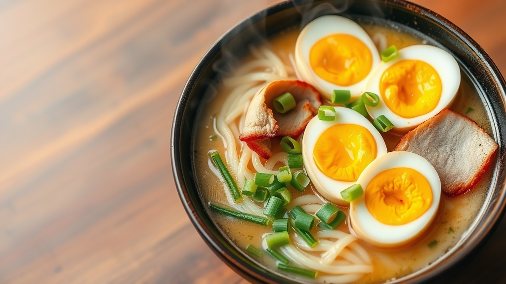 A steaming bowl of Japanese ramen with soft-boiled eggs, sliced pork, and green onions.