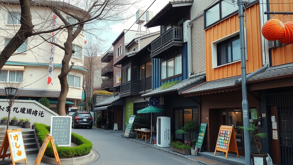 A scenic street in Japan featuring traditional buildings and greenery.