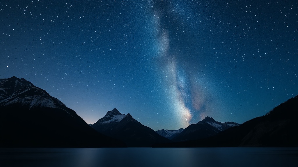 Night sky filled with stars above the mountains in Jasper National Park, Canada.