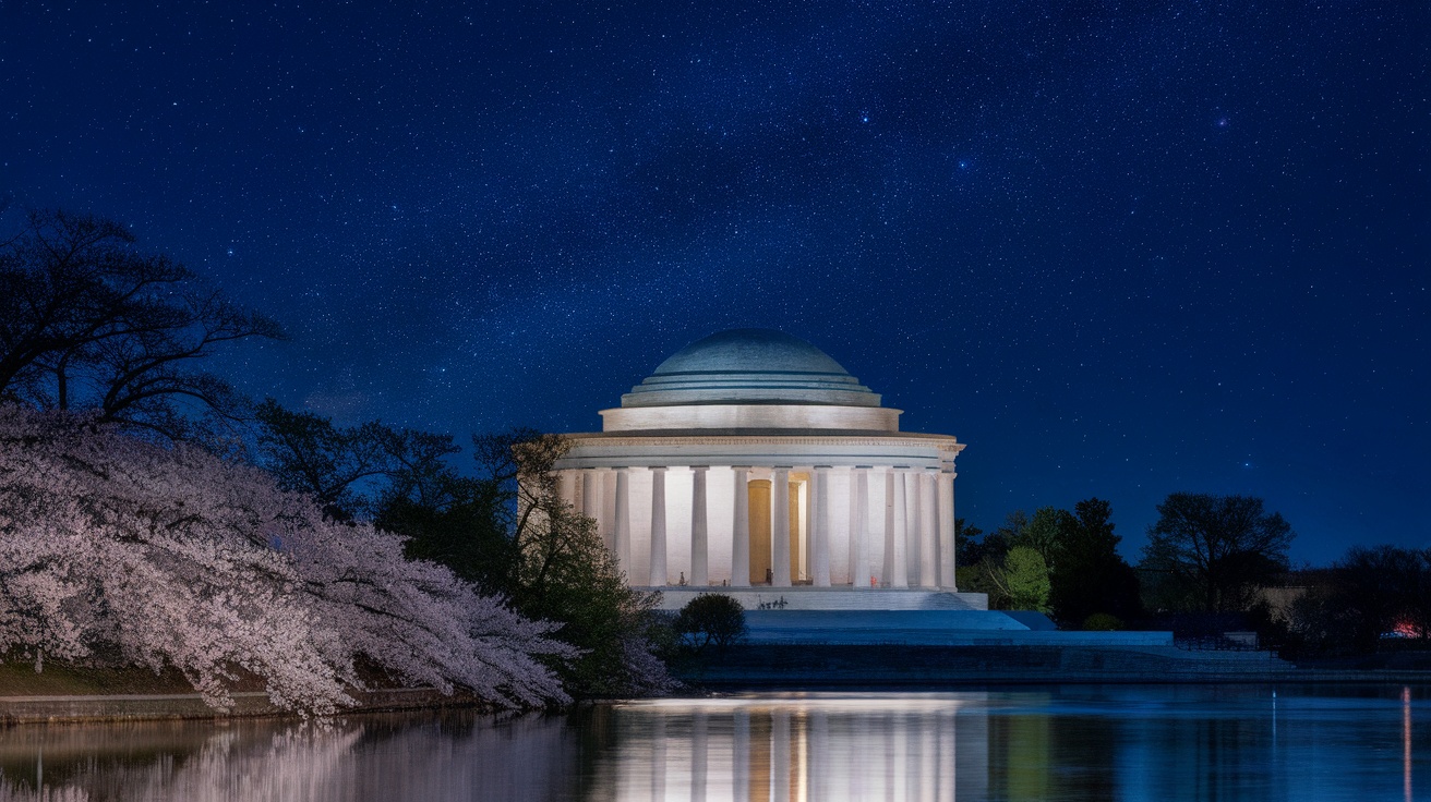 Night view of the Jefferson Memorial surrounded by cherry blossoms and a starry sky