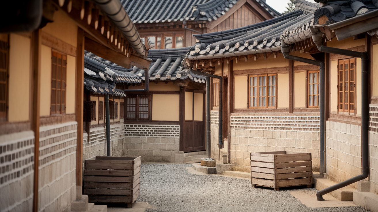 Three women dressed in traditional hanbok walking in Jeonju Hanok Village.