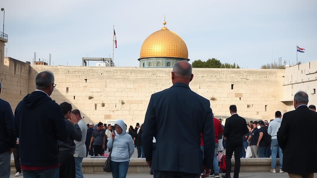 View of the Western Wall and the Dome of the Rock in Jerusalem, with a crowd gathered.