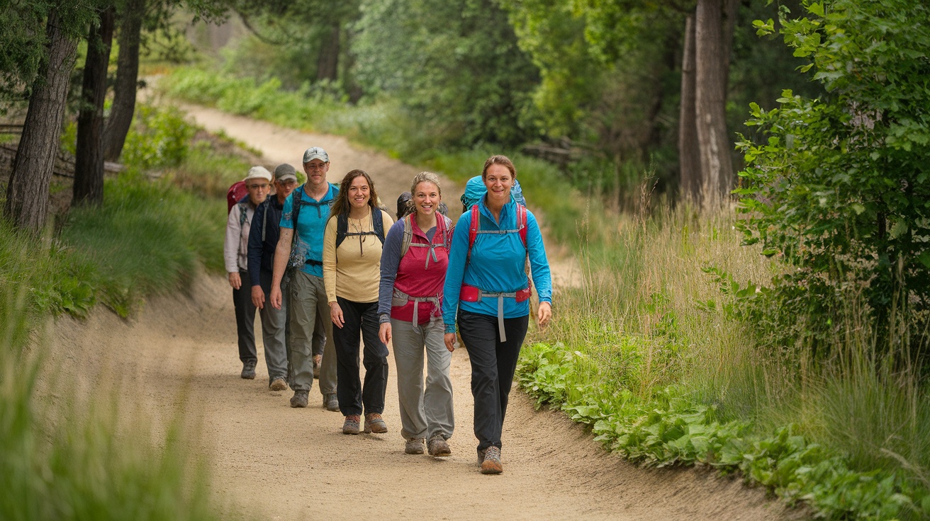 A group of people walking together on a scenic forest trail.