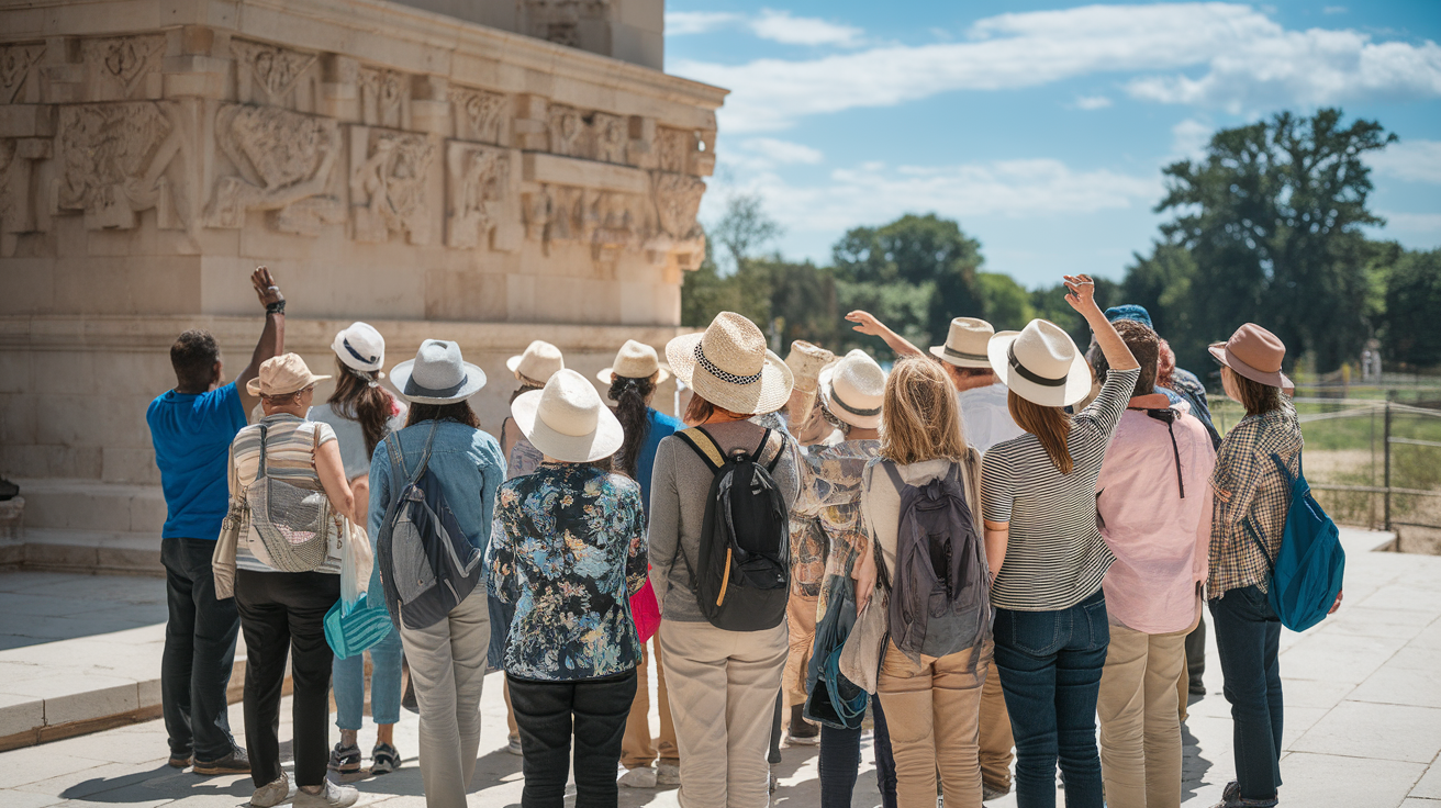 A group of travelers listening to a guide at an archaeological site.