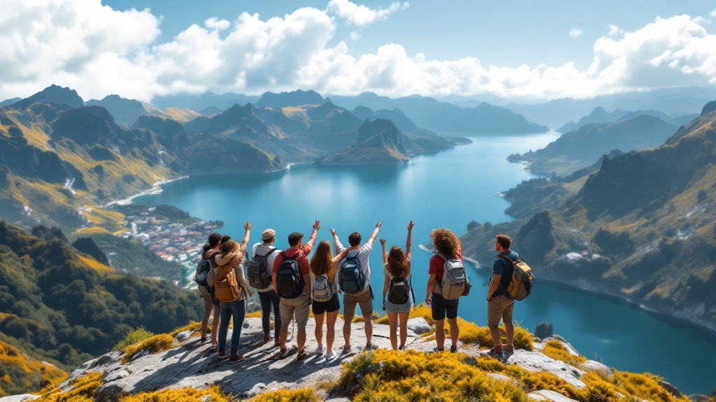 A group of diverse travelers enjoying an outdoor location, smiling and interacting with each other.