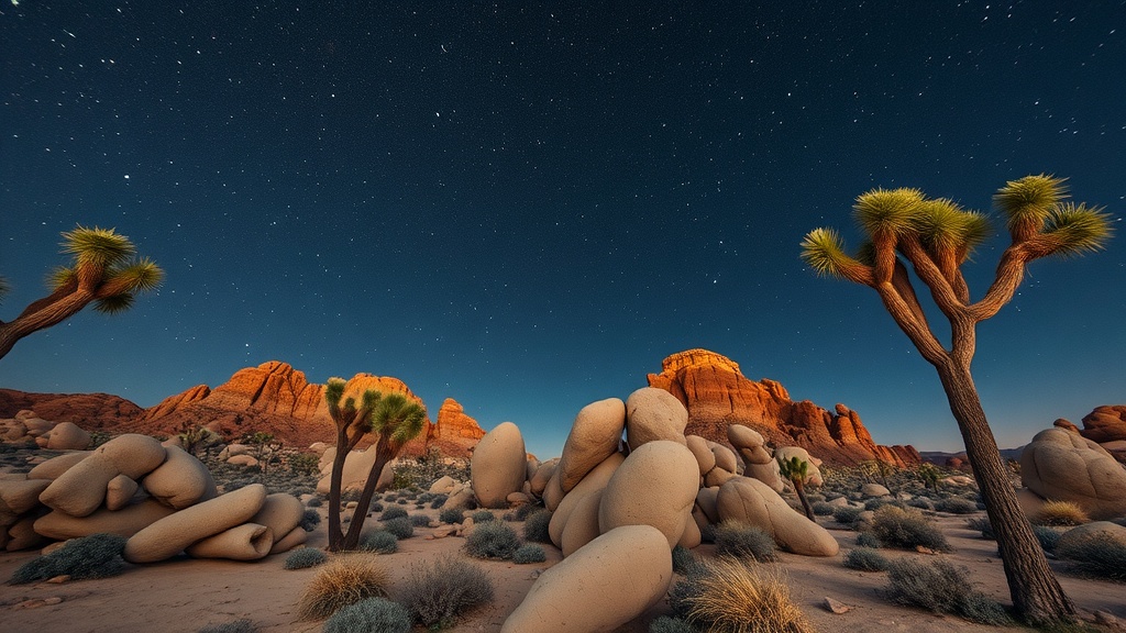 Stargazing at Joshua Tree National Park with unique rock formations and Joshua trees under a starry sky.