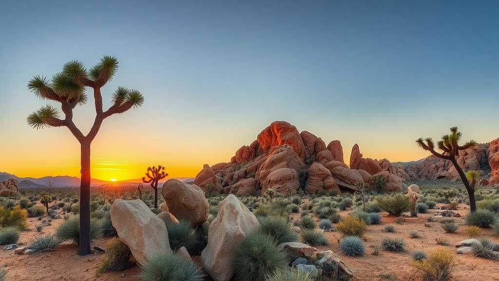 A scenic view of Joshua Tree National Park featuring unique rock formations and a sunset.