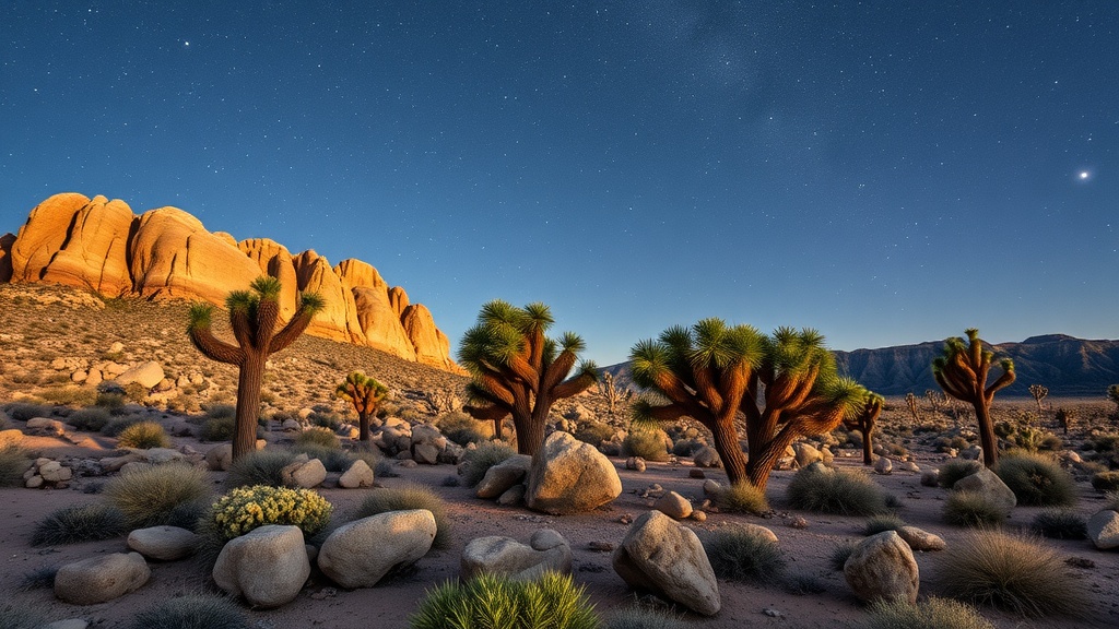 A view of Joshua Tree National Park showcasing unique rock formations and desert vegetation under a starry sky.