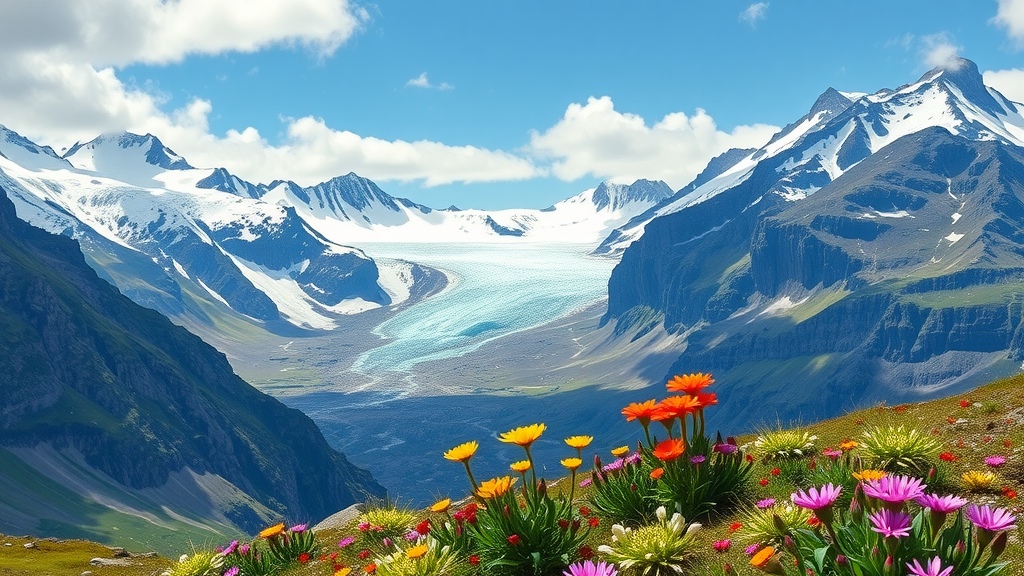 A stunning view of Jotunheimen National Park in Norway, featuring colorful flowers in the foreground and majestic snow-capped mountains in the background.