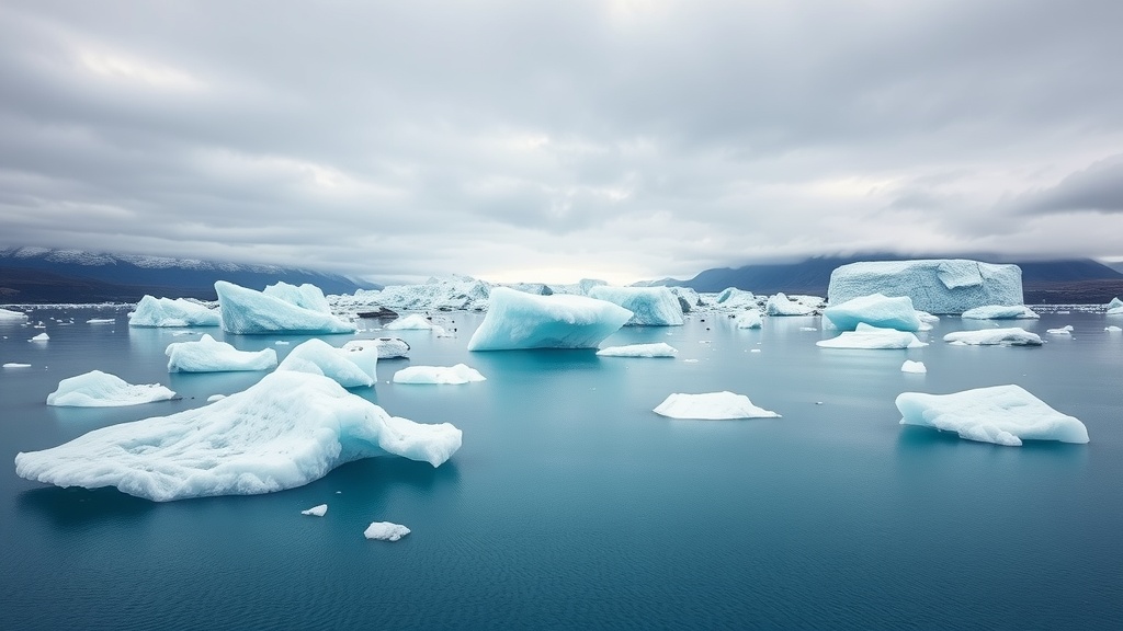 A beautiful view of Jökulsárlón Glacier Lagoon featuring floating icebergs in calm waters under a cloudy sky.