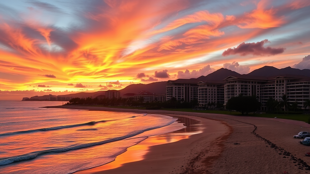 Sunset over Kaanapali Beach with a surfer in the foreground.