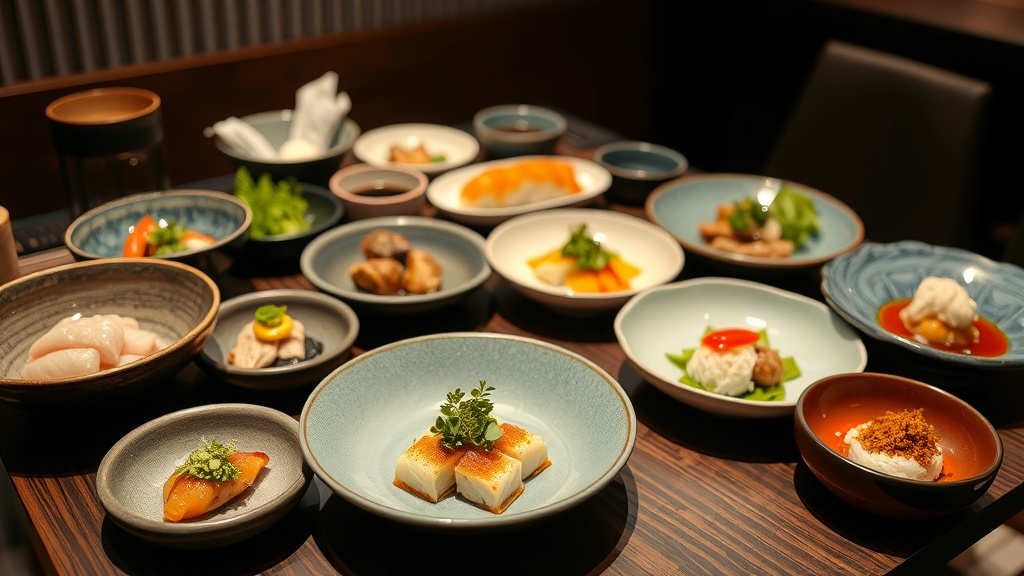 A beautifully arranged Kaiseki meal with multiple dishes served in various bowls.