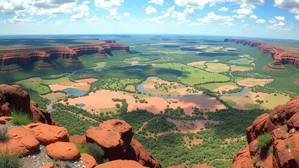 A panoramic view of Kakadu National Park featuring red rock formations, a river, and wildlife.