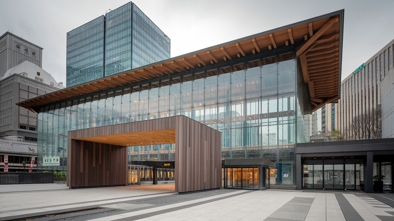 Exterior view of Kanazawa Station showcasing glass and wooden architecture.