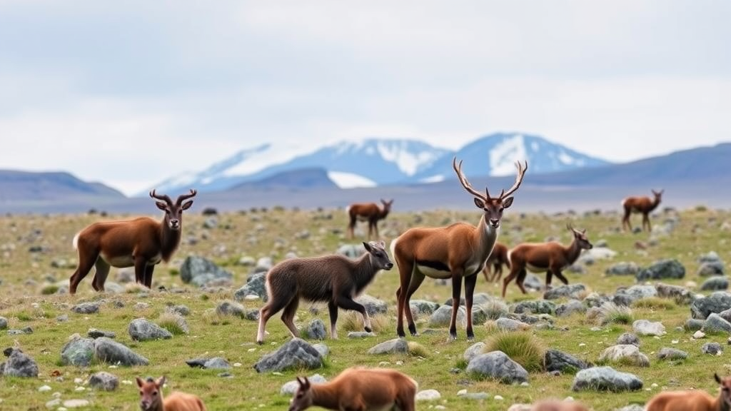 A scenic landscape in Kangerlussuaq with various wildlife including bears and reindeer.