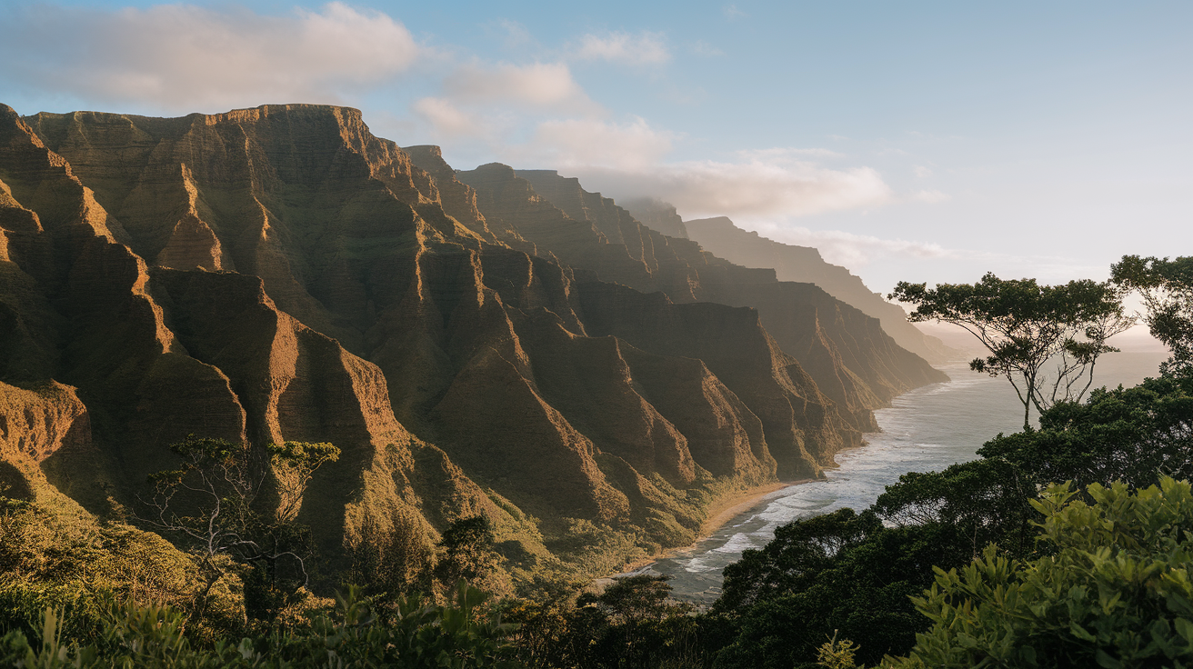 Dramatic view of Na Pali Coast in Kauai with cliffs and ocean