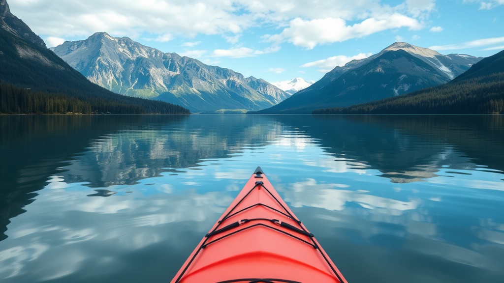 A vibrant red kayak on a calm lake, surrounded by mountains and trees, reflecting the sky and landscape.