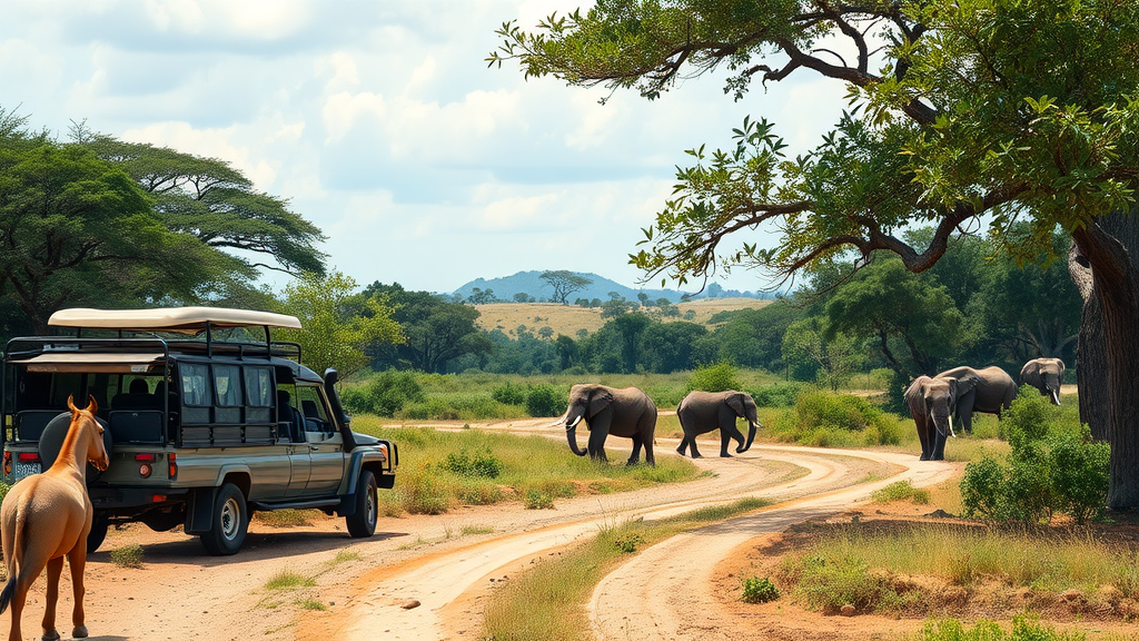 A safari vehicle observes elephants in a Kenyan landscape.