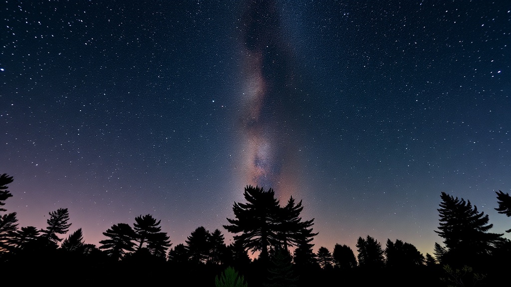 Starry sky over Kielder Forest, England, with silhouetted trees in the foreground.