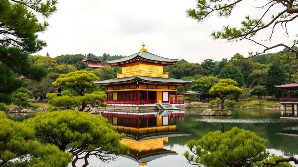 Kinkaku-ji, The Golden Pavilion, surrounded by trees and reflecting in the pond.