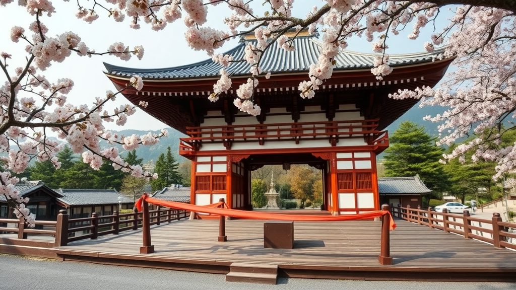 A picturesque view of Kiyomizu-dera temple framed by cherry blossoms.