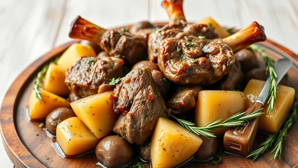 A delicious serving of Kleftiko, featuring slow-cooked lamb with potatoes and herbs.