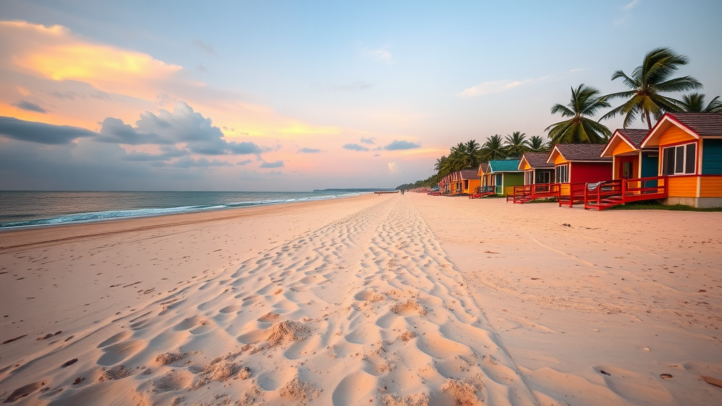 Empty beach with colorful bungalows and palm trees on Koh Rong Sanloem, Cambodia