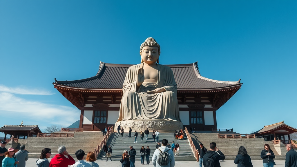 A large bronze statue of the Great Buddha at Kotoku-in in Kamakura, Japan, with visitors nearby.