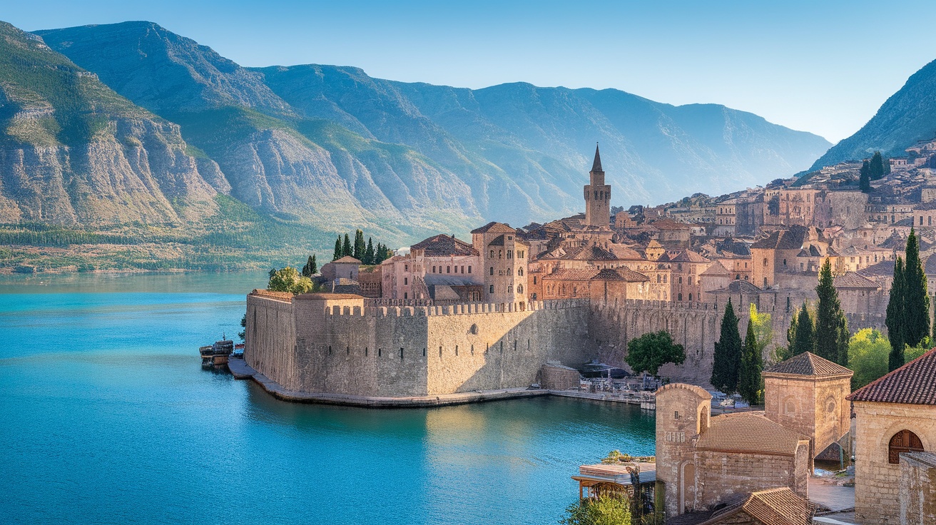 A panoramic view of Kotor, Montenegro, featuring ancient walls and mountains surrounding a blue bay.