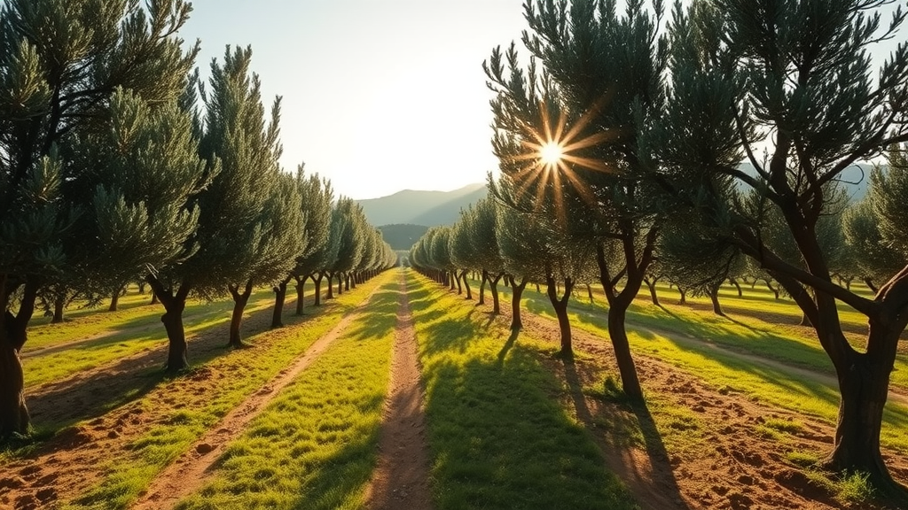 A scenic view of olive groves in Krakovo with sunlight filtering through the trees.