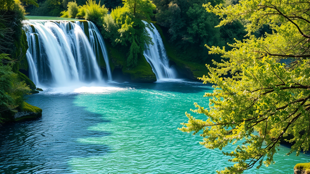 Waterfalls in Krka National Park, Croatia, with turquoise waters and lush green surroundings.