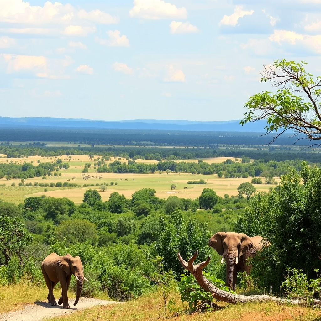 A scenic view of Kruger National Park with elephants in the foreground and a lush green landscape.