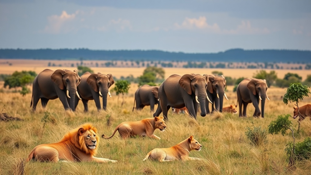 A scene from Kruger National Park showcasing elephants and lions in their natural habitat.