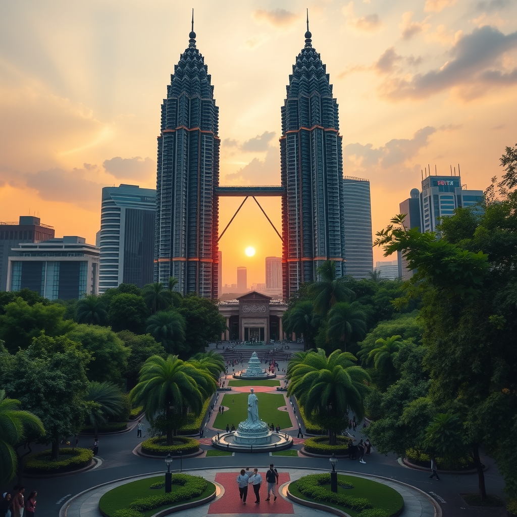 The Petronas Twin Towers at sunset in Kuala Lumpur, surrounded by greenery.