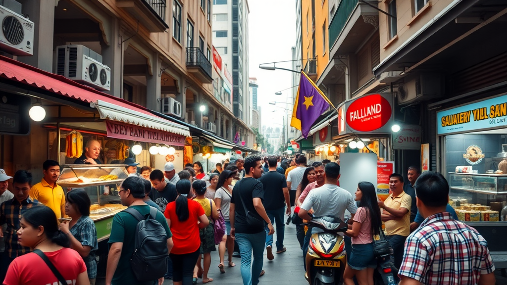 Crowded street market in Kuala Lumpur with food stalls and diverse crowd.