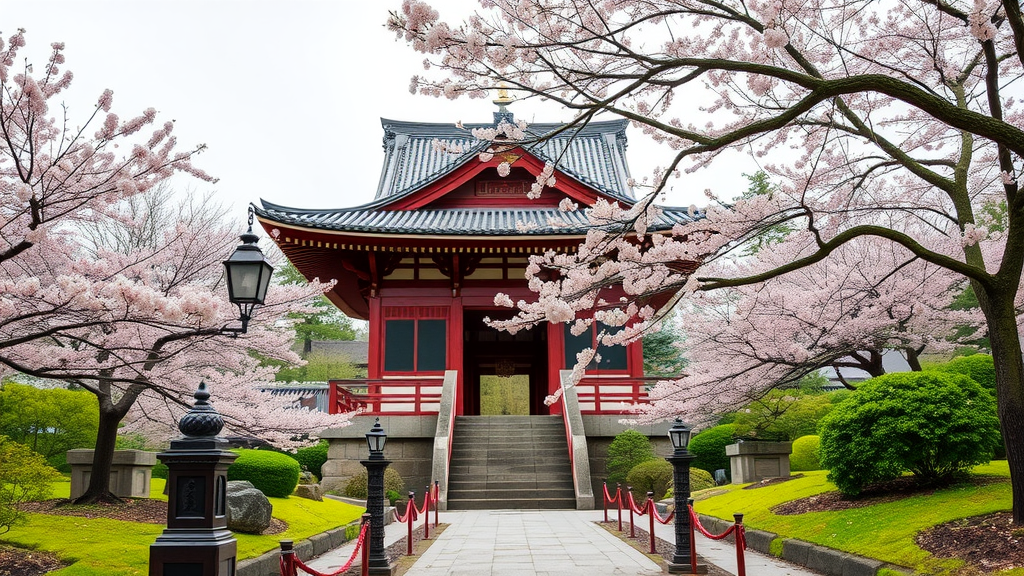 A picturesque scene of a traditional Japanese building surrounded by cherry blossom trees.