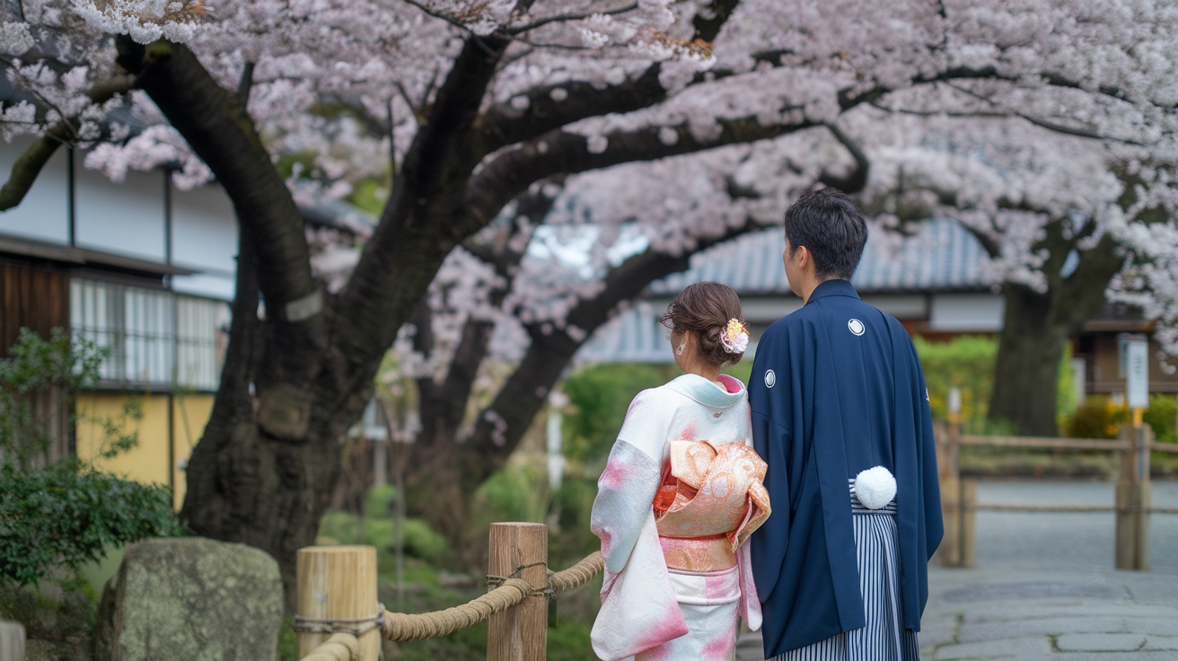 A couple in traditional attire stands near cherry blossoms in Kyoto.