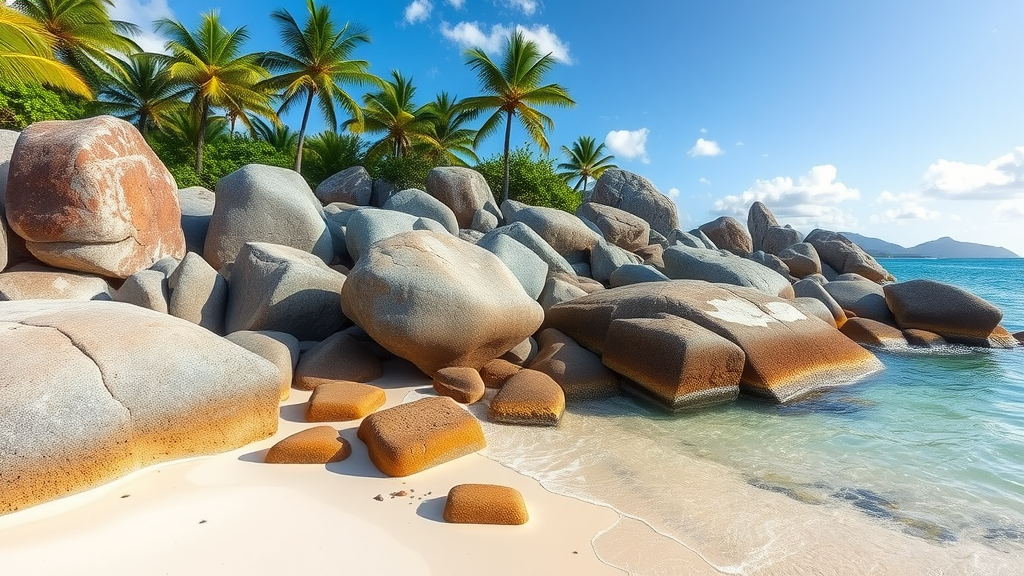 Beautiful sandy beach with large granite rocks and palm trees in La Digue, Seychelles.