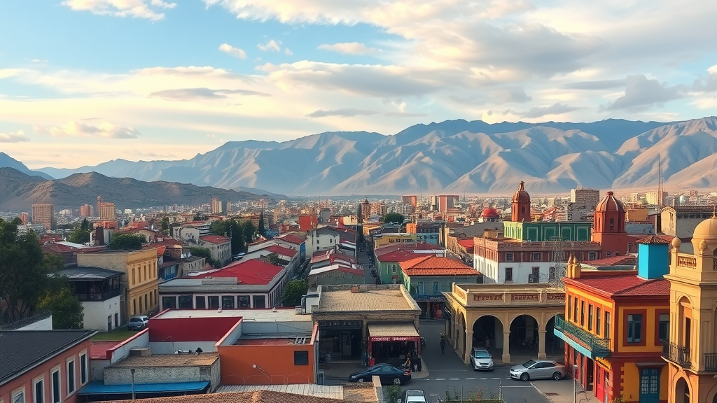 A panoramic view of La Paz, Bolivia, showcasing colorful buildings against a backdrop of mountains.