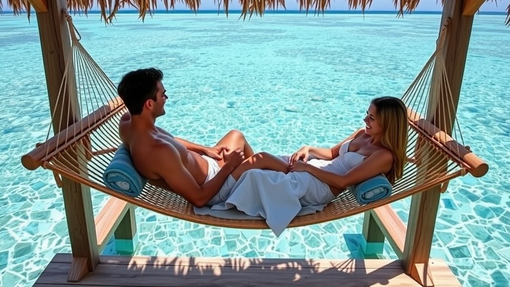 A woman lounging in a hammock over clear waters in the Maldives.