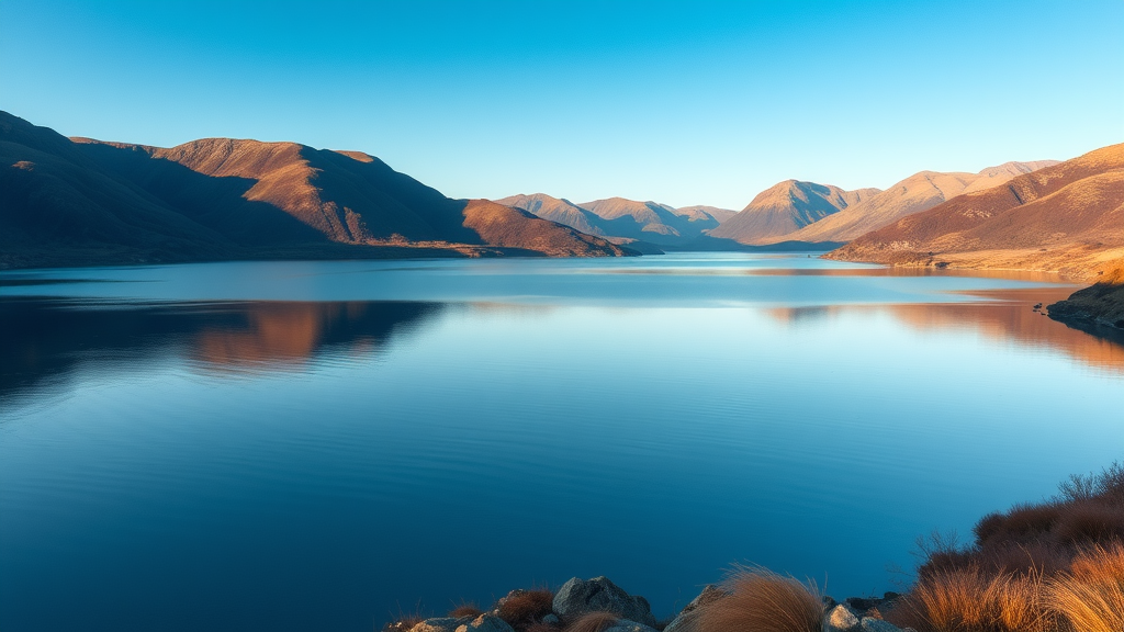 A tranquil lake in the Lake District, surrounded by mountains and clear blue skies.