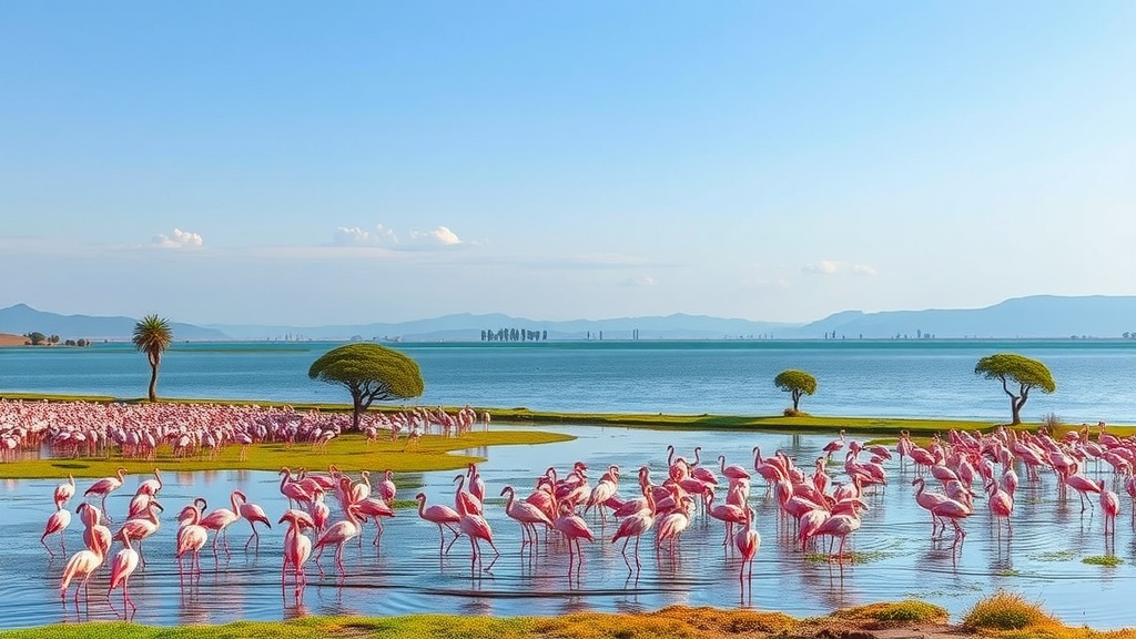 A scenic view of Lake Nakuru National Park with flocks of flamingos standing in water and trees in the background.