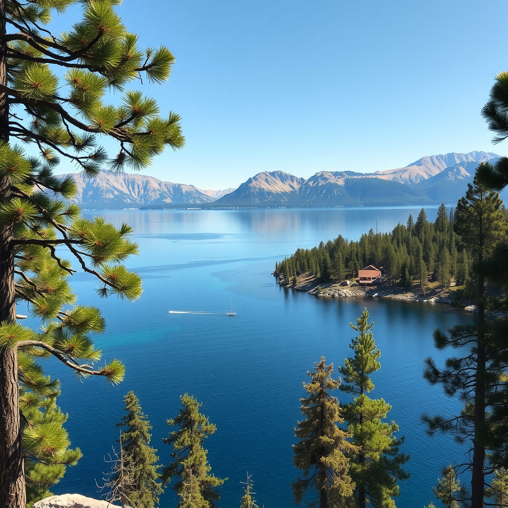 A serene view of Lake Tahoe, showcasing blue waters surrounded by mountains and pine trees.