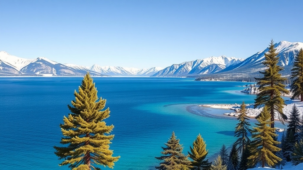 A picturesque view of Lake Tahoe showcasing crystal clear waters, surrounded by snow-capped mountains and pine trees.