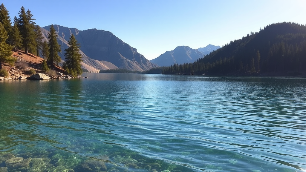 A serene view of Lake Tahoe with clear waters and mountains in the background.