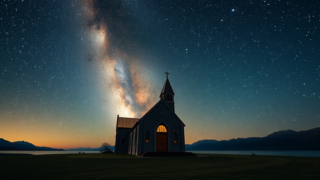 A scenic view of Lake Tekapo with the Church of the Good Shepherd in the foreground and a starry sky above.