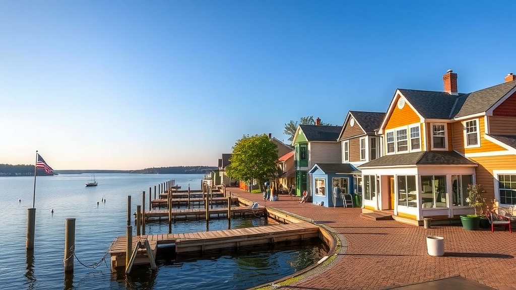 A scenic view of Saugatuck, Michigan, featuring a marina and shops by the lakeside.