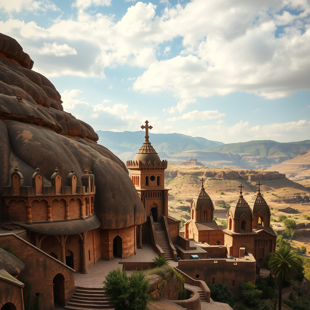 A view of the Lalibela Churches, showcasing rock-hewn architecture against a mountainous backdrop.