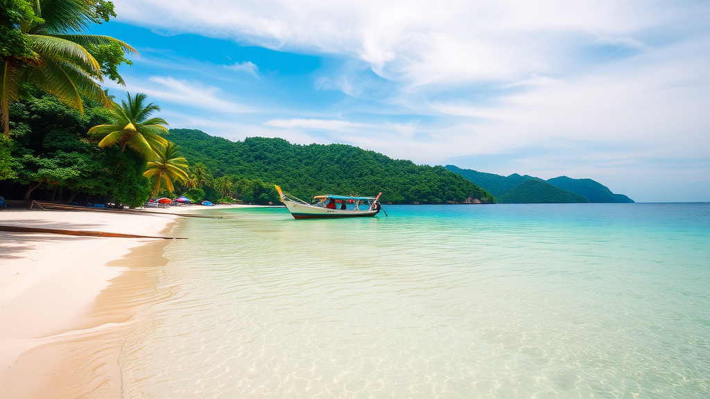 A picturesque beach scene in Langkawi, Malaysia, featuring clear waters, sandy shores, and lush greenery.