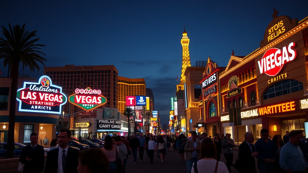 Las Vegas strip illuminated at night with vibrant signs and crowds.